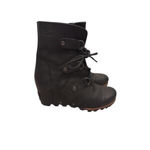 Sorel Boots Womens 10.5 Black Joan of Arctic Wedge Mid Leather Waterproof Ankle